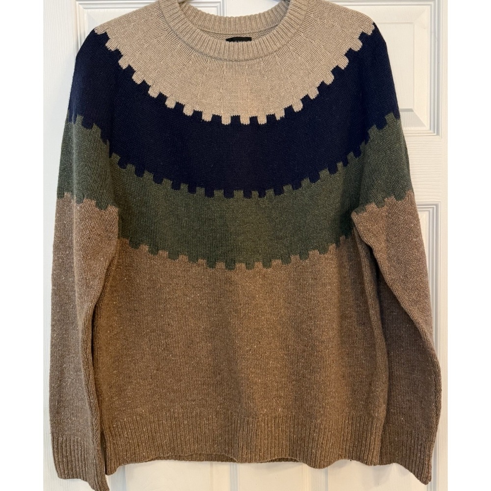 J. Crew Mens Sweater Sz MED Merino Wool Blend Knit Crewneck Zigzag Stripe Soft